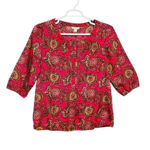 LOFT Womens Pink Paisley Floral 3/4 Sleeve Split Neck Blouse Top Size L